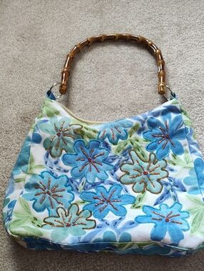 Source Unknown Blue & Green Floral Shoulder Bag with Bamboo Handle